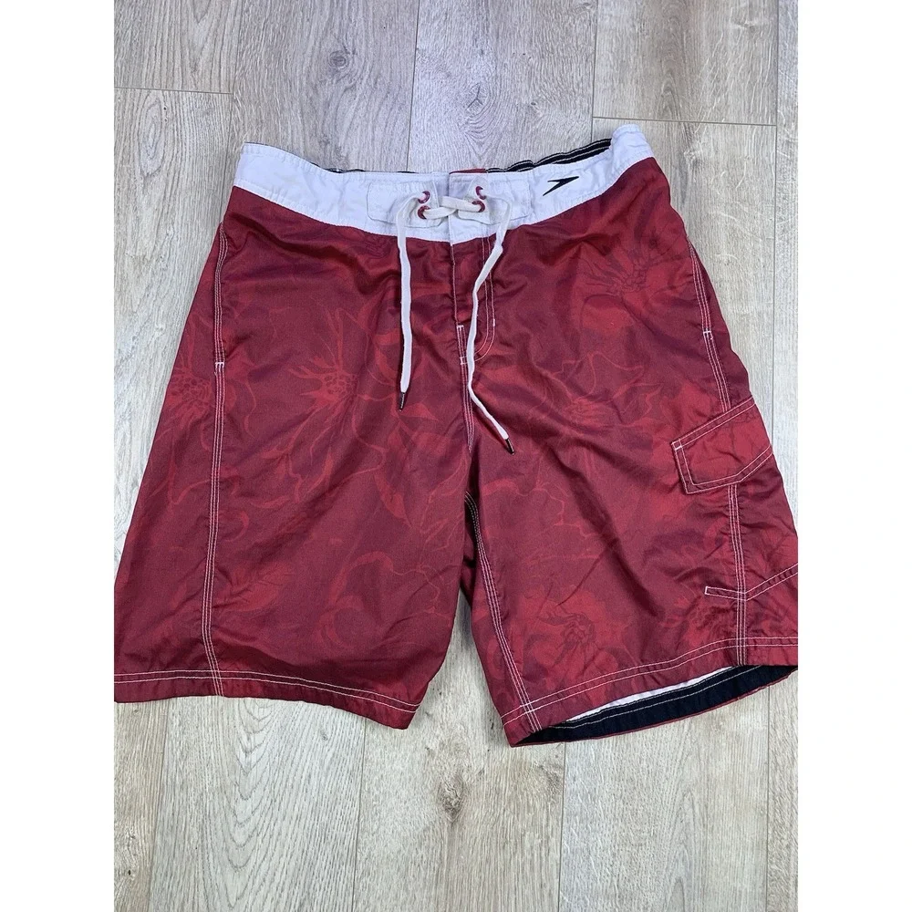 Speedo Men Sz Large Floral Red Swimsuit MESH REMOVED Swim Trunks Swimming Shorts